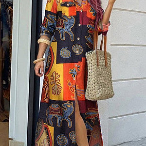 Lang damekjole med print, knapkrave og lange ærmer