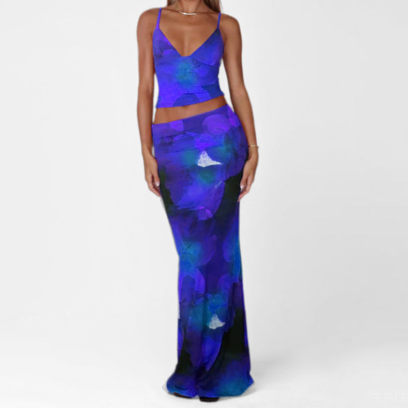 Damesæt: Vest og lang nederdel – Tætsiddende snit – Tynde stropper – Let stof