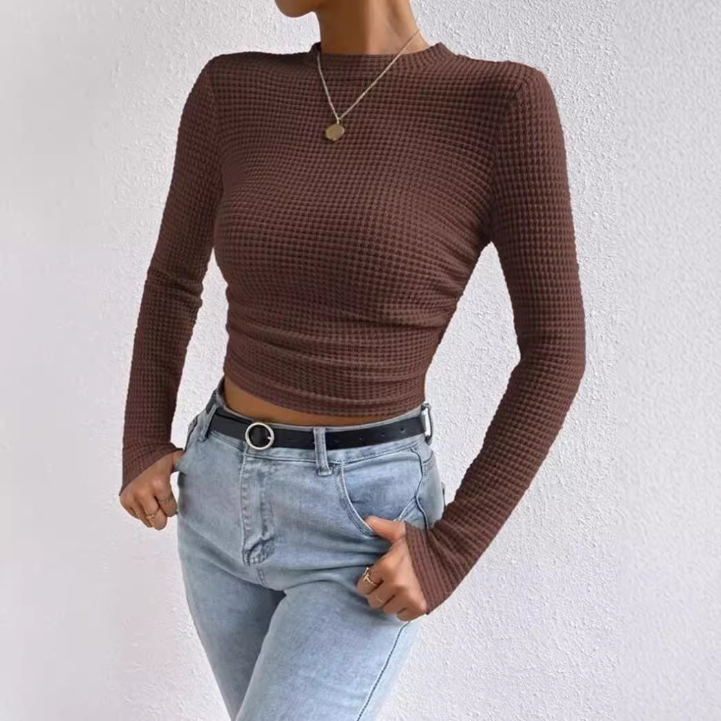 Dame cropped top – Lange ærmer – Tætsiddende – Rynket talje – Blød tekstureret strik