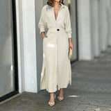 Dameskjortekjole – Hør – Tætsiddende snit – V-hals – Lange ærmer – Asymmetrisk kant