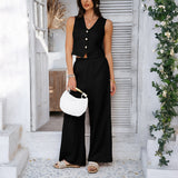 Damesæt: Vest og vide bukser – Tætsiddende snit – Blondedetaljer – Åndbart stof