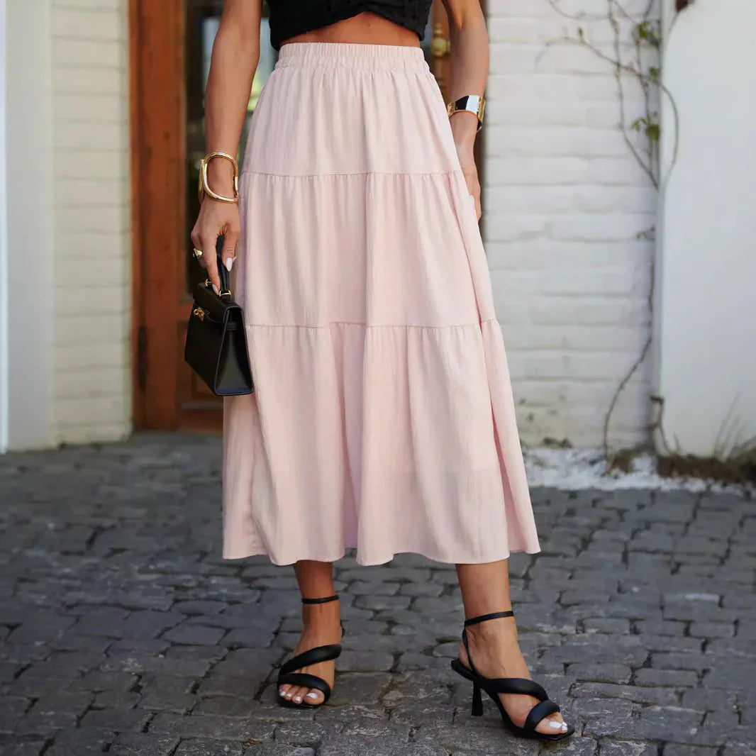 Midinederdel til kvinder – Flagrende snit – Elastik i taljen – Blomsterprint – Flæser