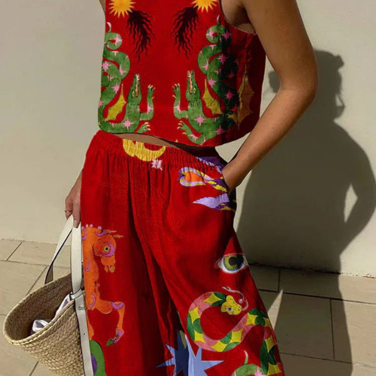 Ærmeløs crop top til kvinder – Afslappet pasform – Markante printmønstre – Naturfibre