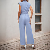 Ærmeløs damejumpsuit – Lige snit – Bælte i taljen – Skjortekrave