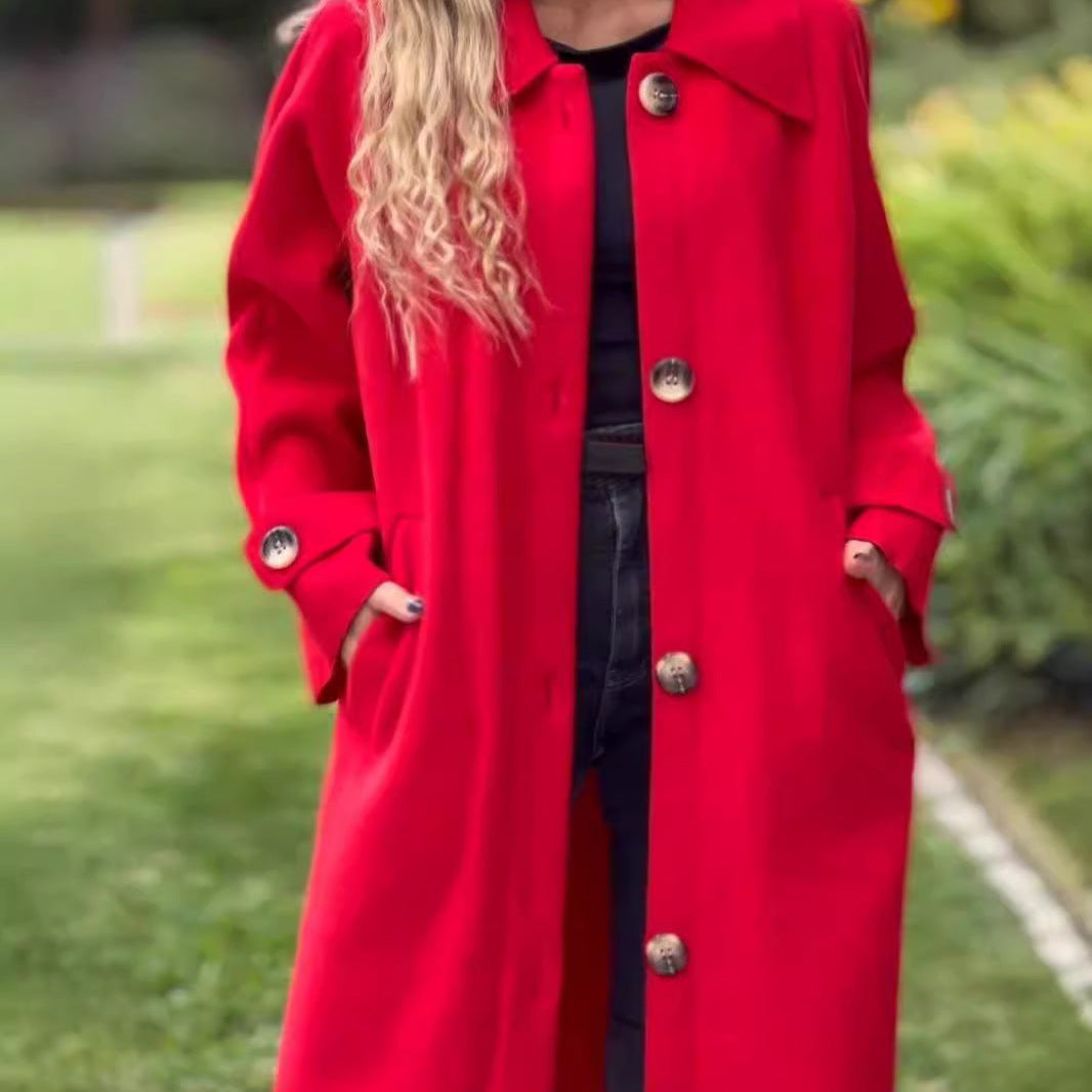 Lang damefrakke – Afslappet pasform – Uld – Knaplukning – Sidelommer