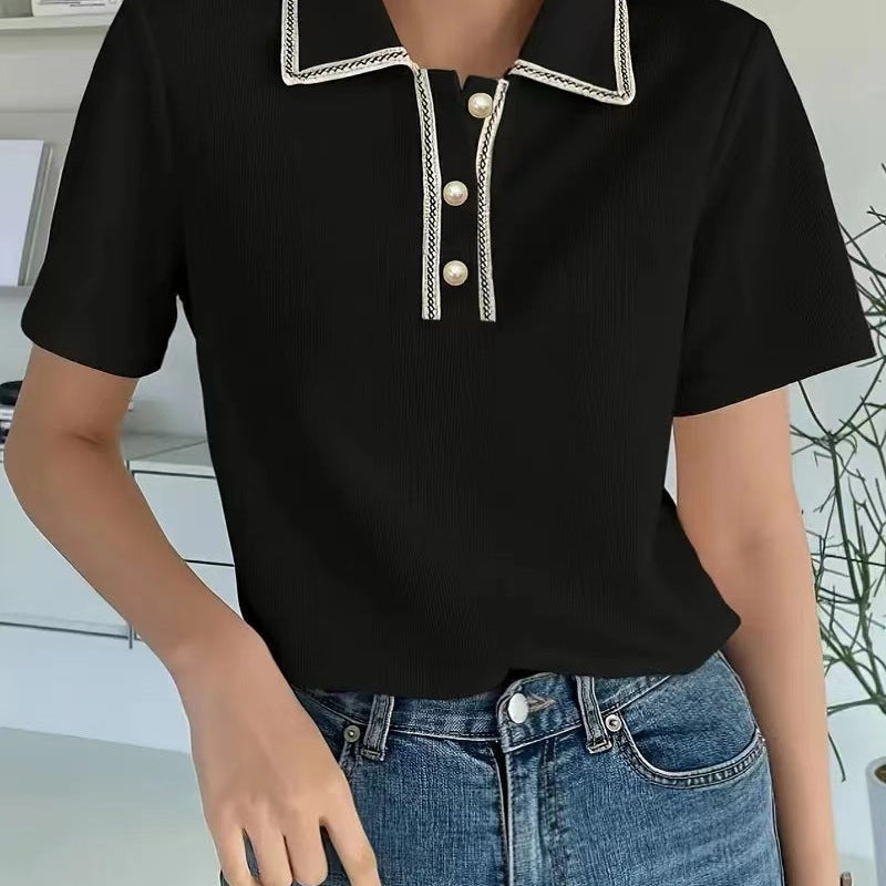 Damepoloshirt – Slim fit – Blød bomuldsstrik – Kontrastkrave – Korte ærmer