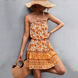 Kort damekjole – stropløs – blomsterprint – løs pasform og tætsiddende talje