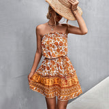 Kort damekjole – stropløs – blomsterprint – løs pasform og tætsiddende talje