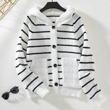 Damecardigan med hætte – Ribstrik – Afslappet pasform – Stribet – Knaplukning