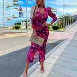 Damekjole - Tætsiddende snit - V-hals - Lange ærmer - Samlet talje og hofter - Moderne print