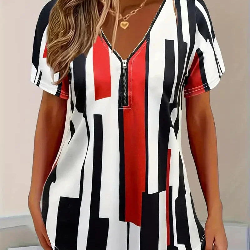 Elegant og markant geometrisk top med V-hals og lynlås til kvinder