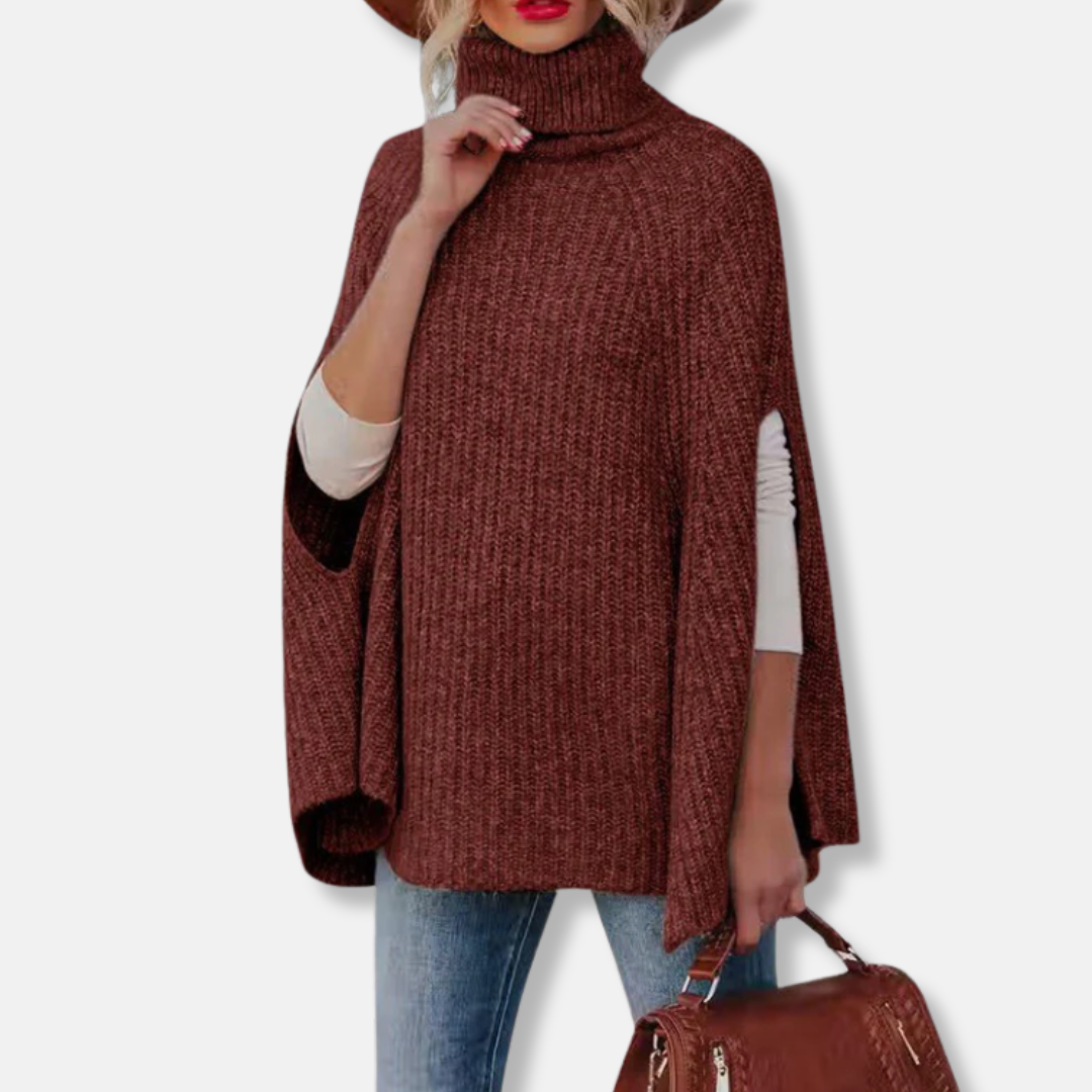 Damekappetrøje – Afslappet pasform – Høj hals – Ribstrik – Uldblanding