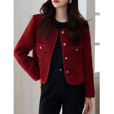 Kort damejakke – Tekstureret tweed – Kasseformet – Rund hals – Knaplukning