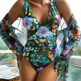 Badedragt til kvinder – Dyb halsudskæring – Blomsterprint – Langærmet voile