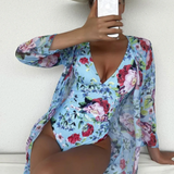 Badedragt til kvinder – Dyb halsudskæring – Blomsterprint – Langærmet voile