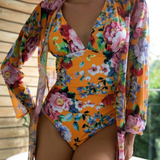 Badedragt til kvinder – Dyb halsudskæring – Blomsterprint – Langærmet voile