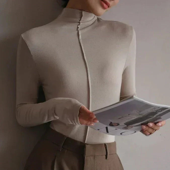 Dametop med rullekrave – Slim fit – Lange ærmer – Åndbart strækstof