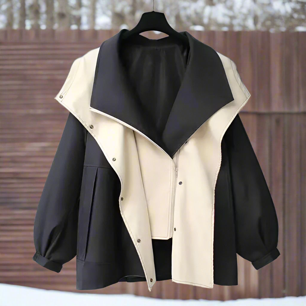 Elegant, overdimensioneret og funktionel tofarvet jakke til kvinder