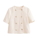 Dametøj – Kortærmet, knappet cropped jakke – Skræddersyede bukser med brede ben