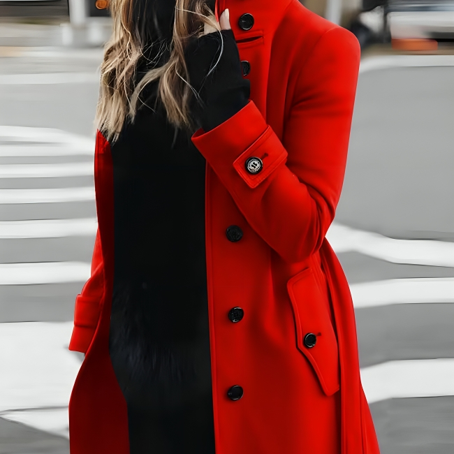 Lang damefrakke – Tætsiddende snit – Ståkrave – Dobbeltradet – Bælte