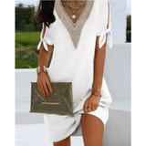 Dametunikakjole – Løs pasform – Blonde V-hals – Off-the-Shoulder bindebånd