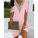 Dametunikakjole – Løs pasform – Blonde V-hals – Off-the-Shoulder bindebånd