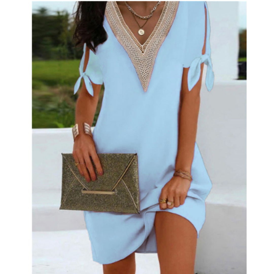 Dametunikakjole – Løs pasform – Blonde V-hals – Off-the-Shoulder bindebånd