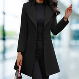 Lang damefrakke – Tætsiddende snit – Uldblanding – Bred krave – Formel stil