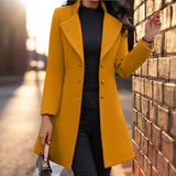 Lang damefrakke – Tætsiddende snit – Uldblanding – Bred krave – Formel stil