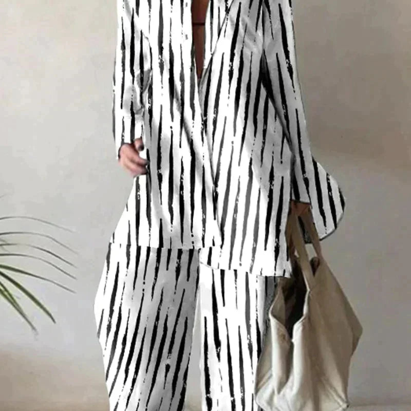 Damesæt – Oversized langærmet skjorte og højtaljede bukser med vide ben – Chic og komfortabelt