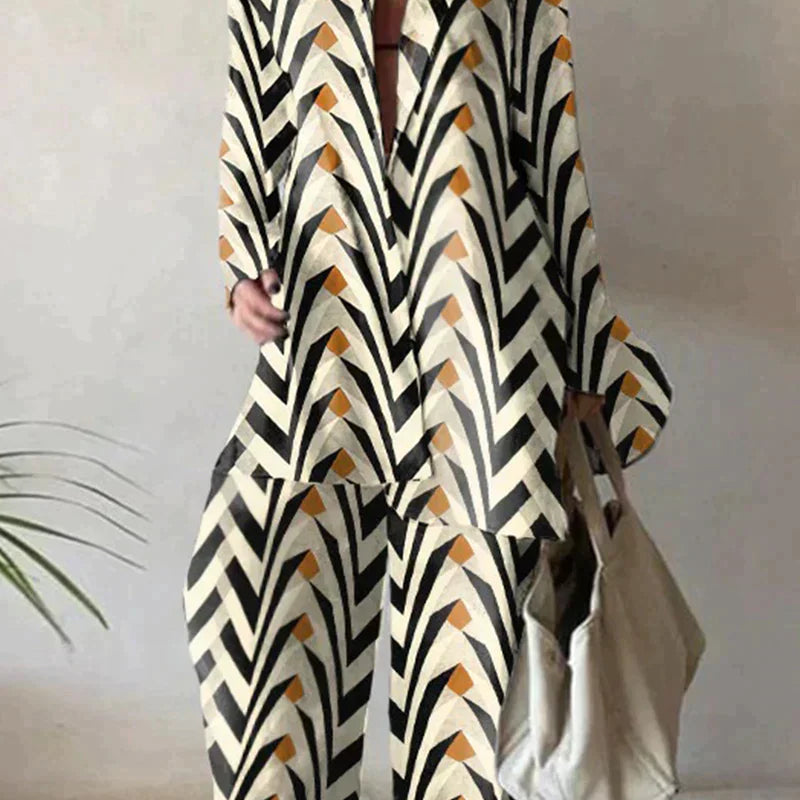 Damesæt – Oversized langærmet skjorte og højtaljede bukser med vide ben – Chic og komfortabelt