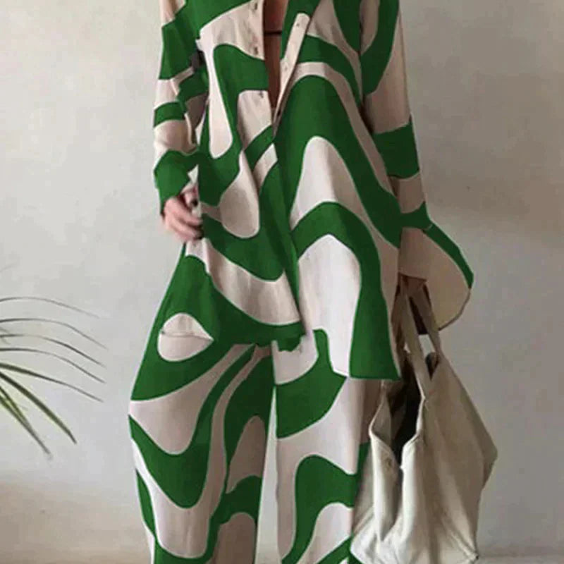 Damesæt – Oversized langærmet skjorte og højtaljede bukser med vide ben – Chic og komfortabelt