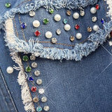 Lang frakke i kontrasterende denim med perler