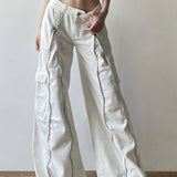 Hvide cargojeans med vide ben og lange lynlåslommer