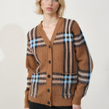 Løstsiddende retro ternet strikcardigan med V-hals i plus size