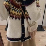 Fair Isle strikcardigan med rund hals og hornknapper, rund hals