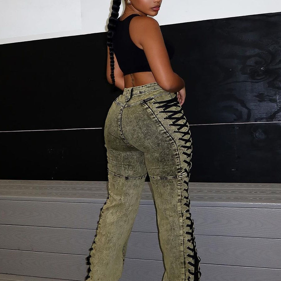 Denimjeans med snørebånd og snøre