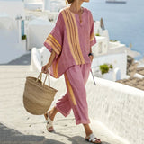 Damesæt i to dele – Løstsiddende – Åndbart stof – Striber og elastisk bund