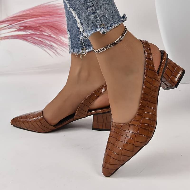 Dames slingback sandaler - Komfort blokhæl - Spids tå - Krokodilleskind-look