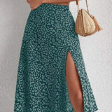 Midinederdel til kvinder - Høj talje - Sideslids - Let og flagrende stof - Blomstermønster