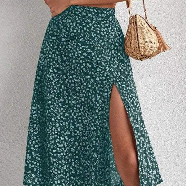 Midinederdel til kvinder - Høj talje - Sideslids - Let og flagrende stof - Blomstermønster