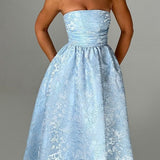 Stropløs trapez-aftenkjole i ensfarvet jacquard