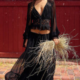 Sexet sæt med nederdel og top i blonde og transparent chiffon med bindelukning