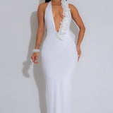 Bodycon blomsterprintet aftenkjole med åben ryg og halterneck-udskæring