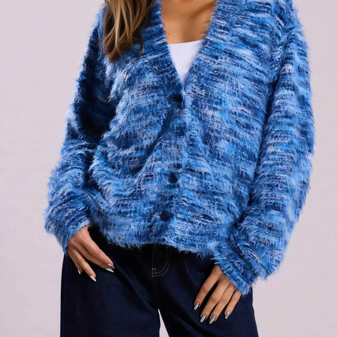 Løstsiddende cardigan med farverige striber og V-hals