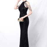 Paillettebesat havfrue-maxikjole med åben ryg