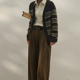 Oversized stribet strikcardigan med farveblok V-hals