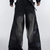 Jeans med vide ben i patchwork af PU-læder