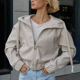 Oversized streetwear-jakke med hætte i sort kunstlæder