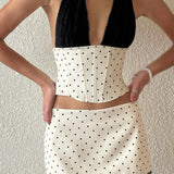 Todelt sæt med polkaprikker og blondedetaljer uden ryg